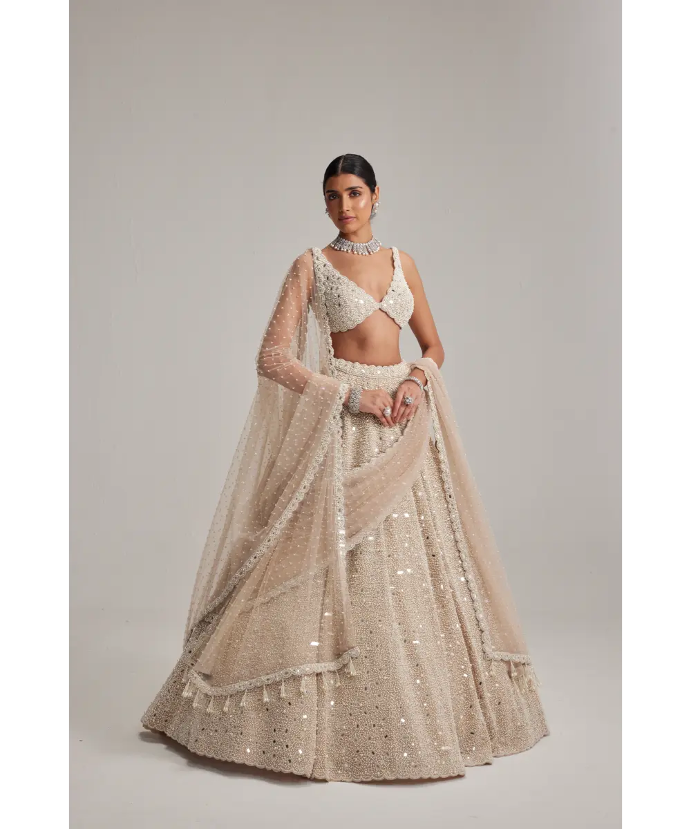 VVANI VATS- Light Beige Dense mirror and pearl lehenga set With Double Dupatta